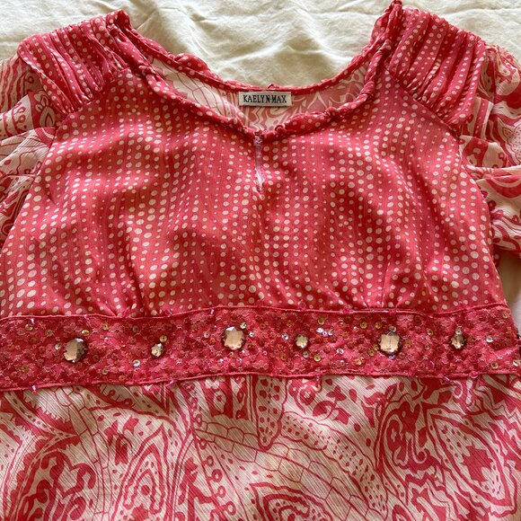 Kaelyn Max Dress Size L Peach & Cream Sequence Summer Peepholes Chest & Sleeves - Picture 5 of 16